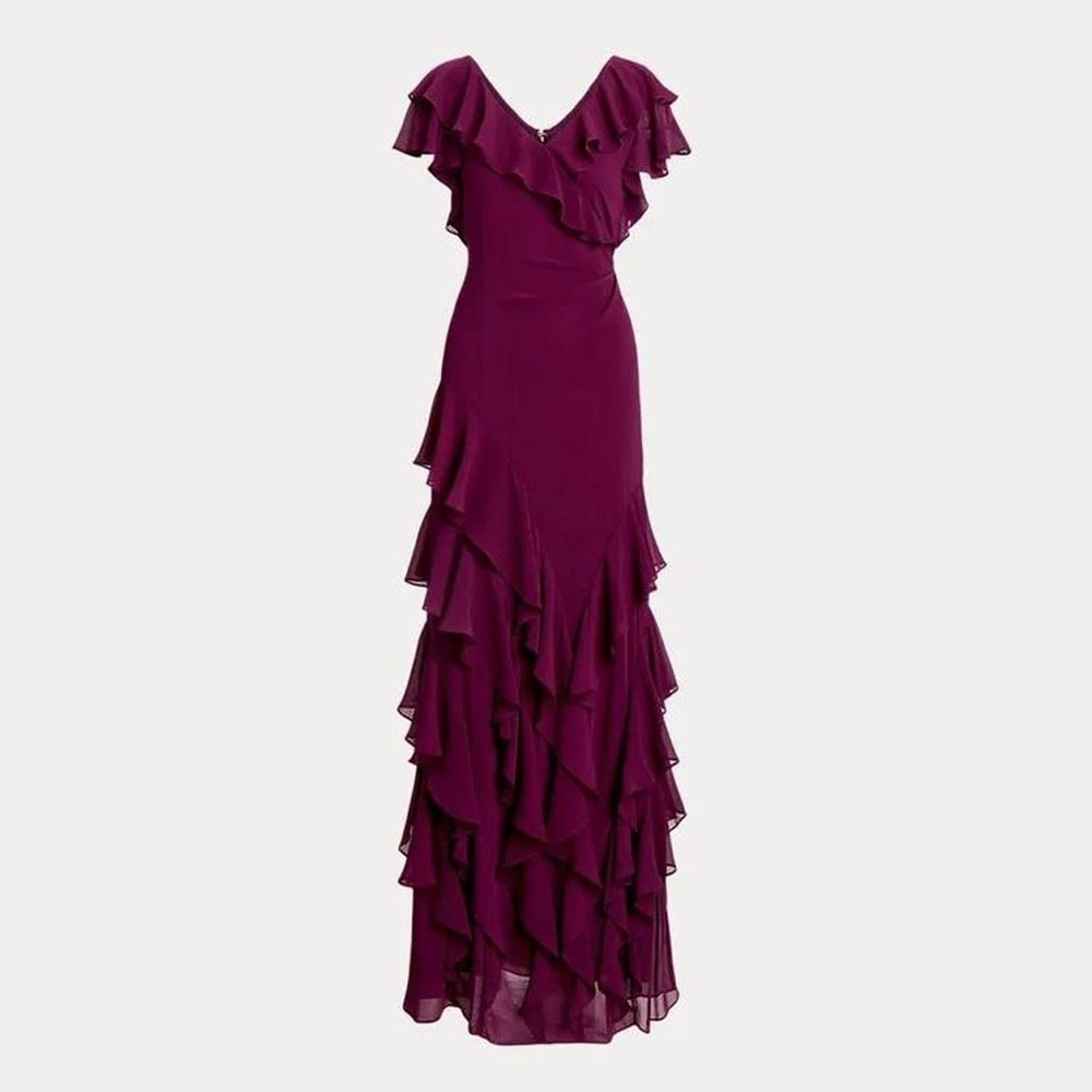 NWT Ralph Lauren Purple Ruffle-Trim Crinkle Georgette Gown dress w flutter skirt